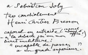 Signature, message d'Henri Cartier Bresson pour Sébastien Joly